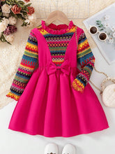 Young Girl's Casual Patchwork Hollow-Out Long Sleeve Lace Trimmed Colorblock Cute Butterfly Hem A-Line Dress, Party/Beach/Vacation, Spring/Autumn